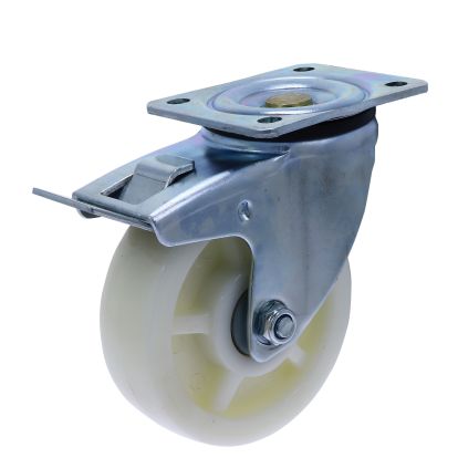 Rola din nylon D125 cu frana si flansa metalica pentru carucior marfa, 400 kg